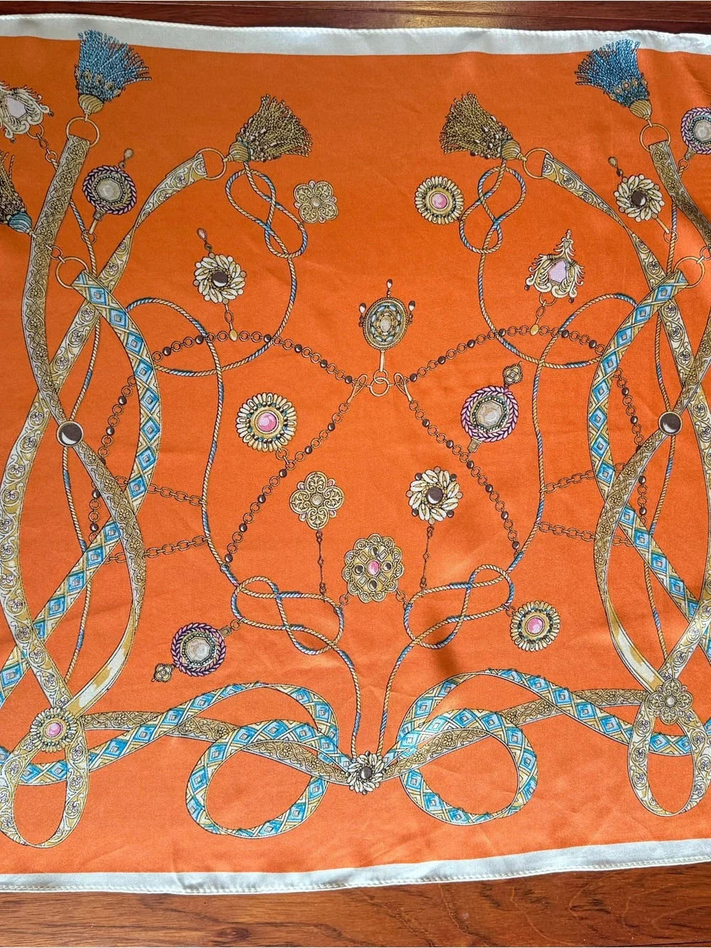Sam Edelman Orange & Blue Ornate Silk-Feel Square Scarf